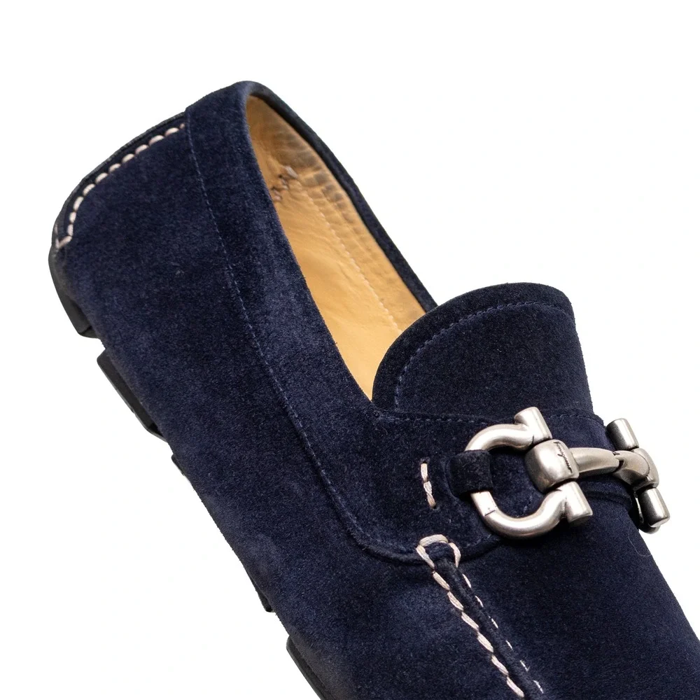 Salvatore Ferragamo Paris Navy Blue Suede Gancini Bit Loafers Mens US 11.5 D